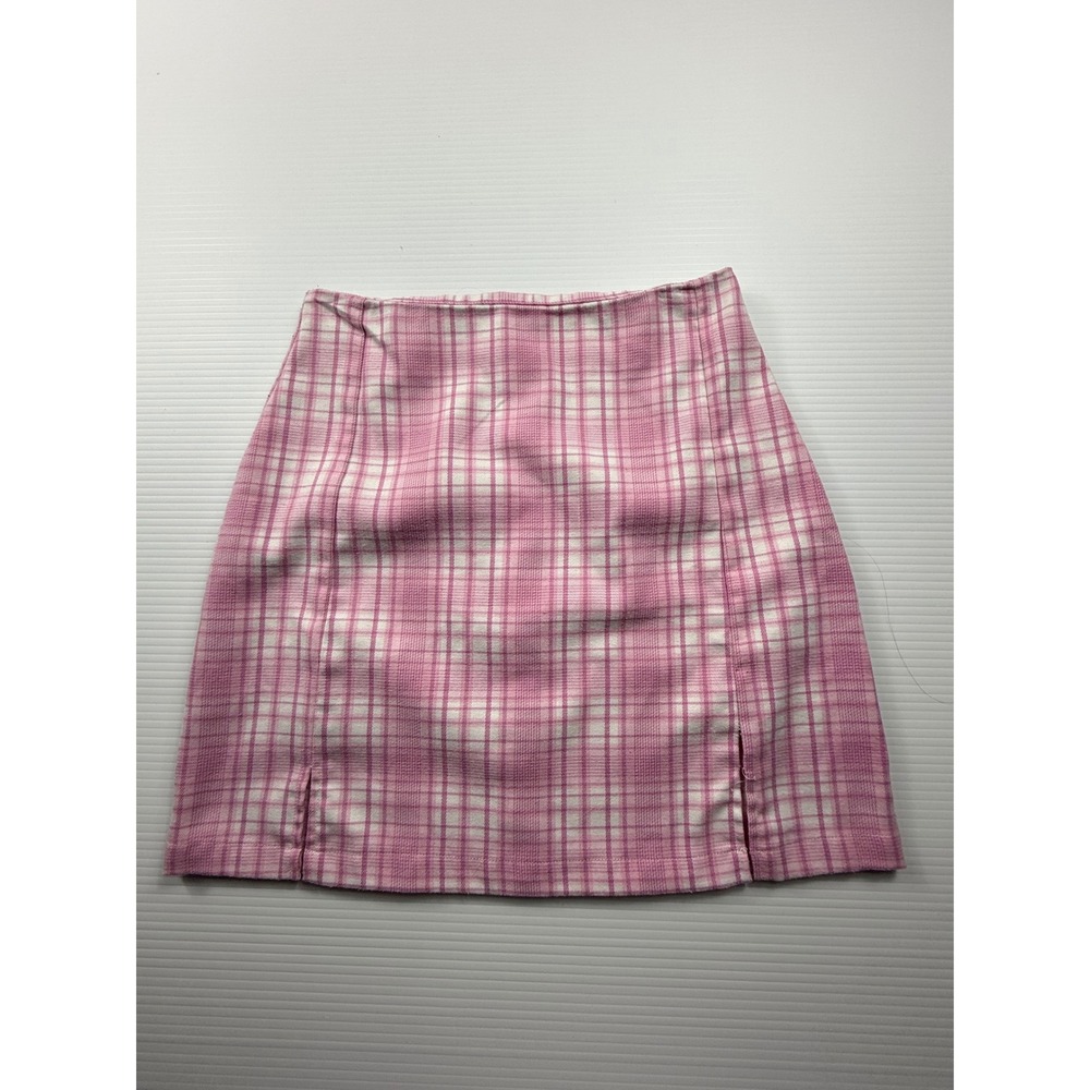 Brandy Melville Pink White Plaid Mini Skirt High Waisted Side Slits Size XS S